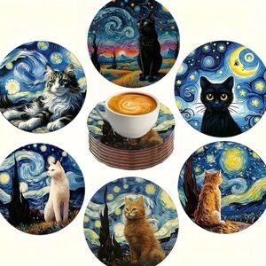 NIP! Set of 6 Cats with Van Gogh Backgrounds Coffee, Tea, Drink Coasters!